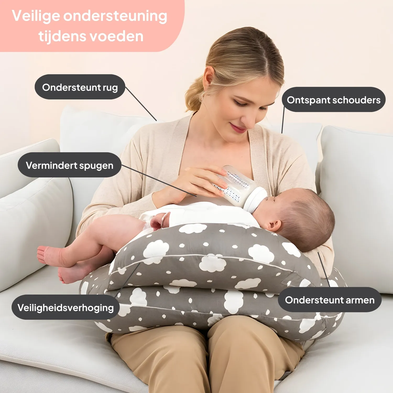 MAMMIE Voedingskussen Cloudly Grijs Katoen met Riem
