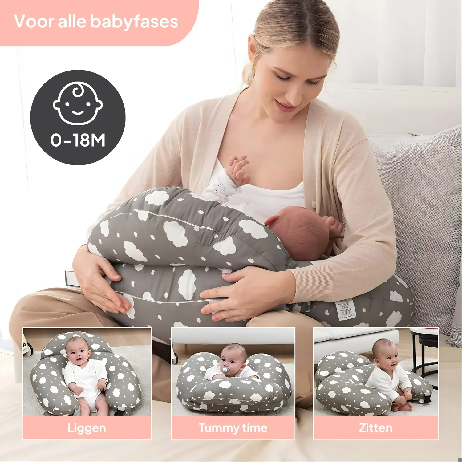MAMMIE Voedingskussen Cloudly Grijs Katoen met Riem
